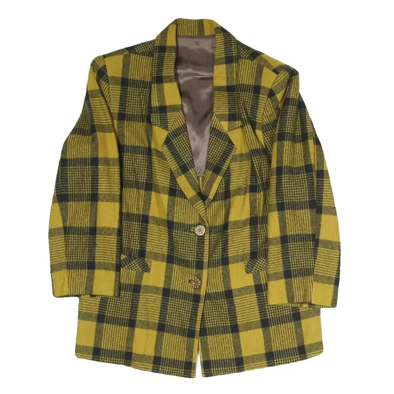 Womens Yellow & Black Check Jacket L Polyester Blend Button Closure Tailored 1
