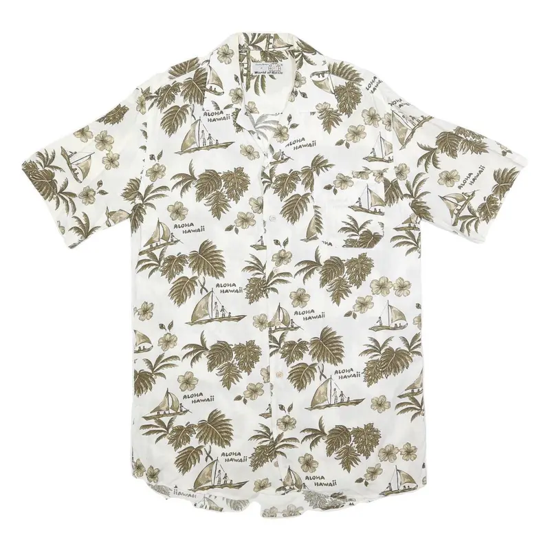 World Of Basic Mens White & Brown Hawaiian Shirt S Summer Casual Cotton Blend 1