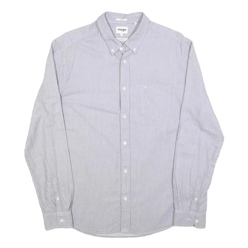 Wrangler Mens Blue & White Striped Cotton Blend Shirt L Button Down Collar Long 1