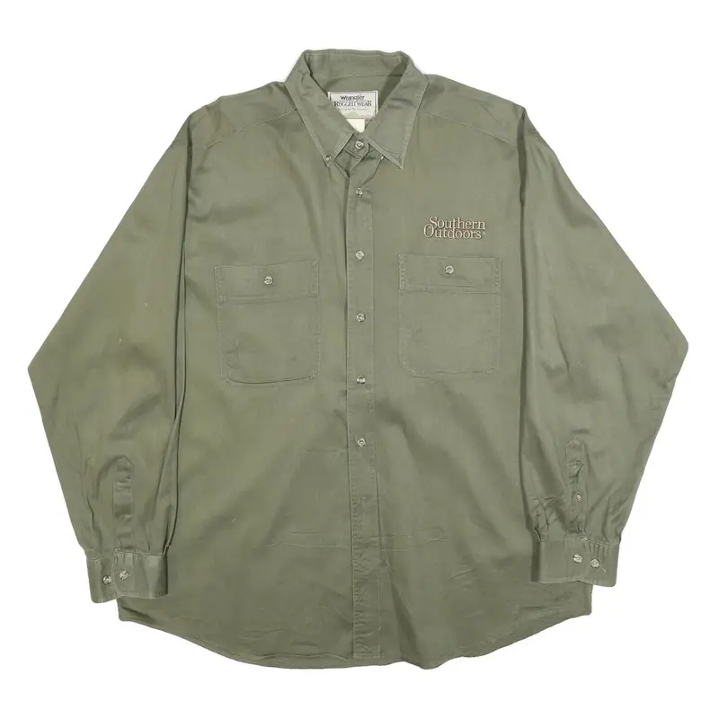 Wrangler Mens Green Southern Outdoors Cotton Shirt 2Xl Button Pocket Casual 1