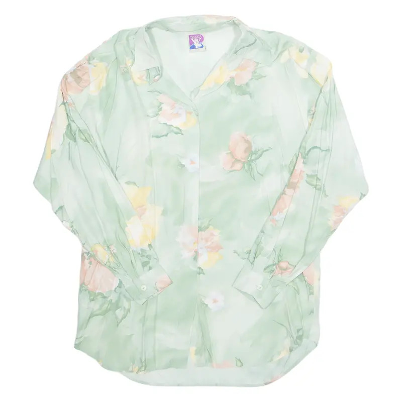 Yessica Womens Printed Blouse Green Collared Long Sleeve Floral M 1