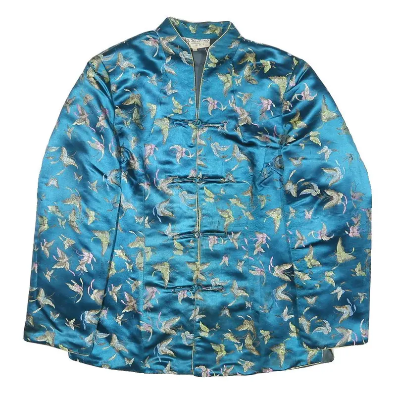 Yi Fang Womens Blue Button Jacket S Polyester Blend Butterfly Pattern Elegant 1