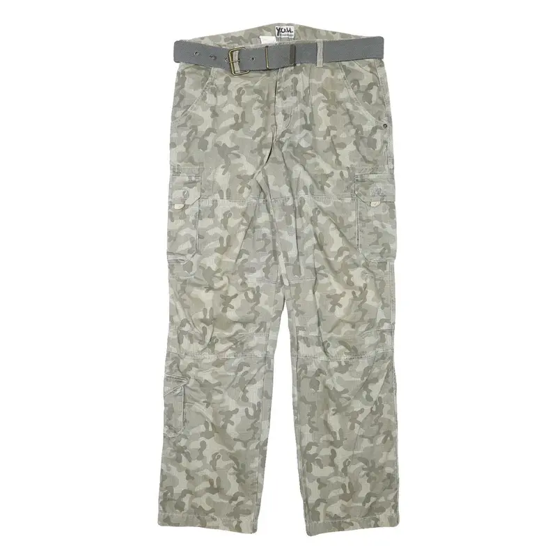 You Mens Cotton Blend Grey Camouflage Regular Cargo Trousers W34 L32 Belted 1