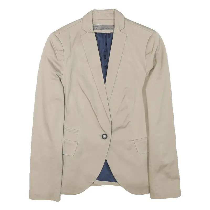Zara Basic Womens Beige Cotton Blend Blazer Jacket S Tailored Classic Button 1