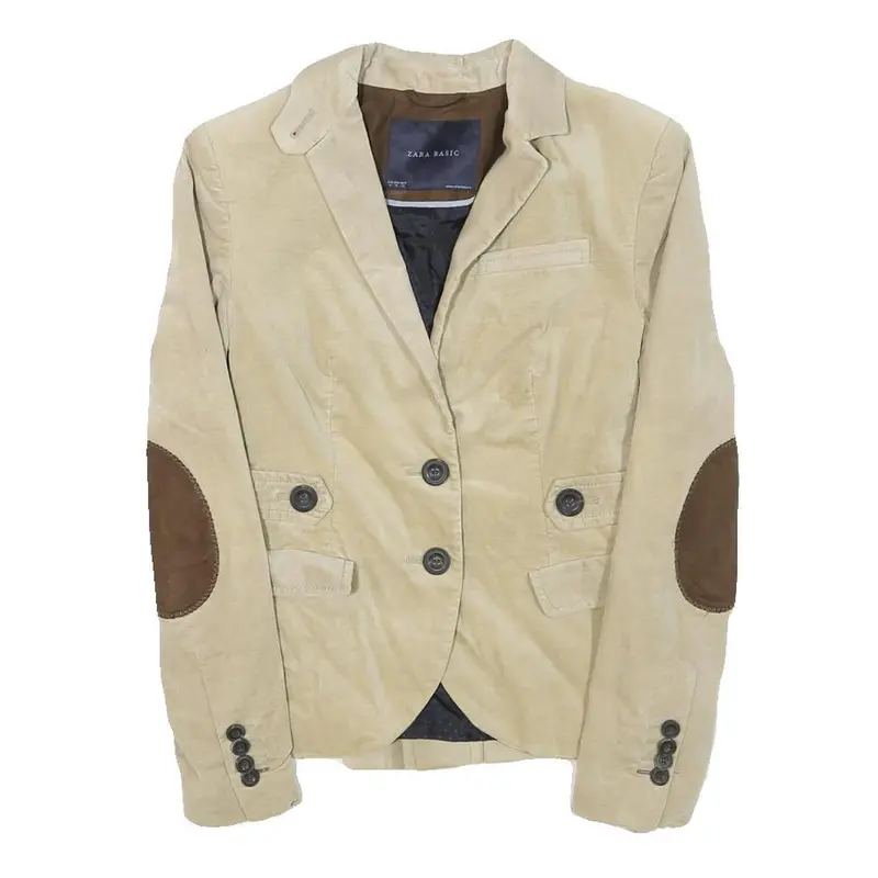 Zara Basic Womens Beige Cotton Blend Classic Jacket S Tailored Button Elbow 1