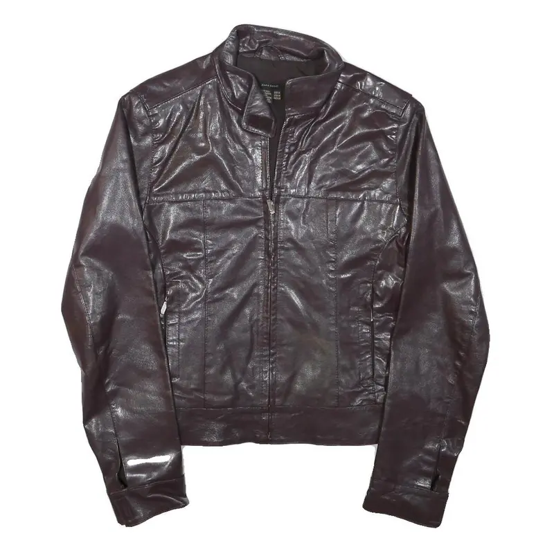 Zara Basic Womens Brown Leather Jacket M Leather Plain Zip Casual Stylish 1