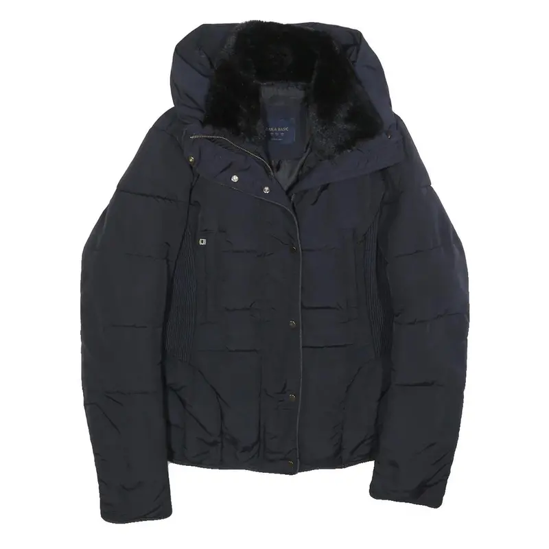 Zara Basic Womens Navy Blue Puffer Jacket M Polyester Blend Zip Quilted Warm 1