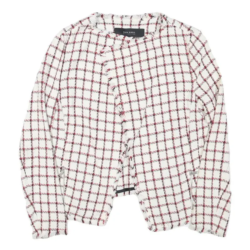 Zara Basic Womens White & Red Checked Classic Jacket M Cotton Blend Tweed 1