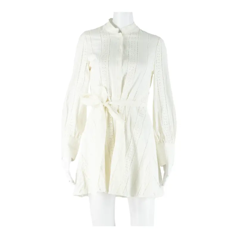 Zara Belted Womens Day Dress White Long Sleeve Short S 1