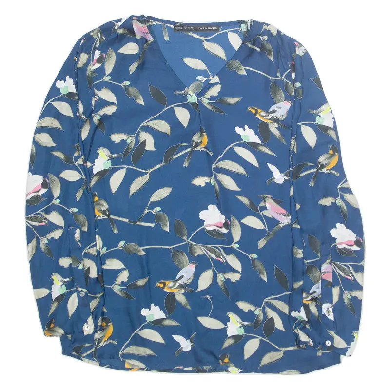 Zara Birds Womens Printed Blouse Blue V-Neck Long Sleeve Crazy Pattern S 1