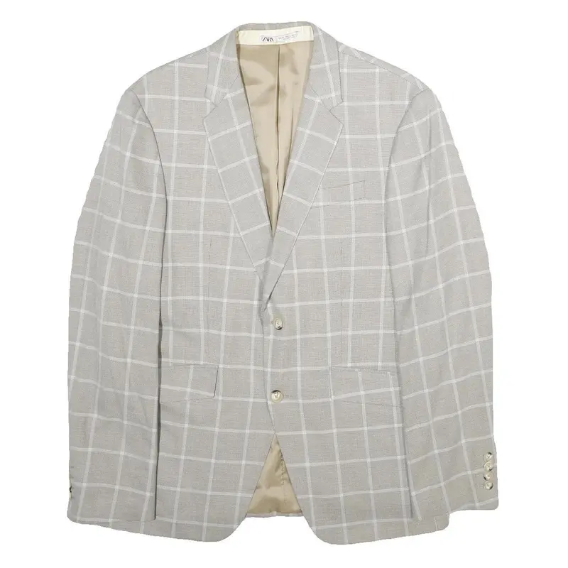 Zara Mens Beige & White Checked Blazer Jacket L Polyester Blend Button Closure 1