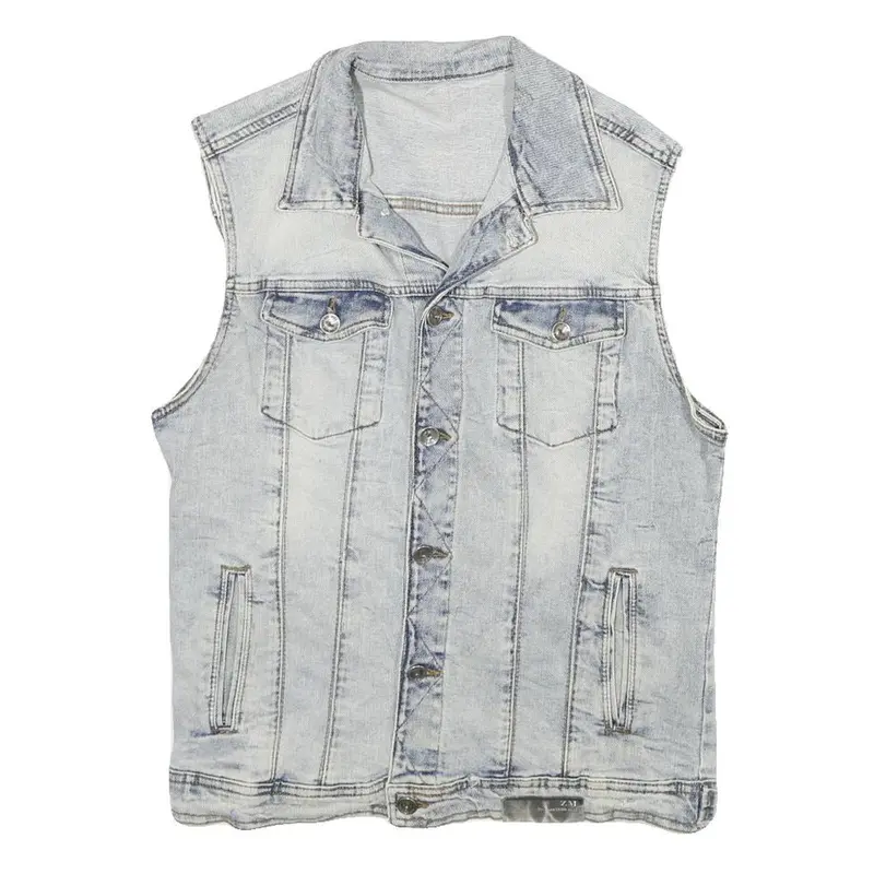 Zara Mens Blue Denim Sleeveless Jacket L Cotton Blend Button Closure Casual 1