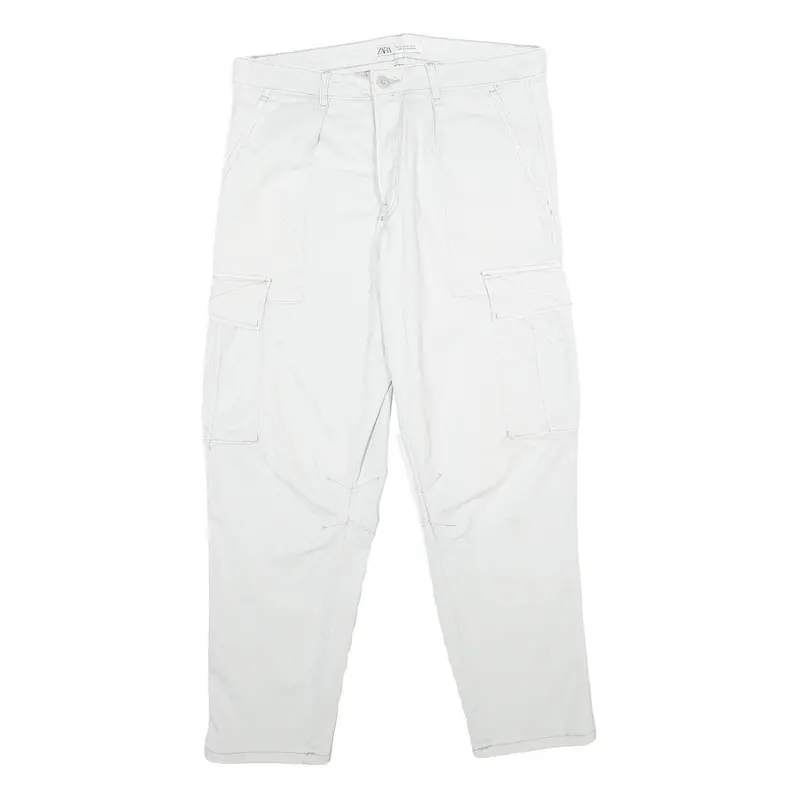 Zara Mens Cotton Blend White Regular Cargo Trousers W32 L30 Casual Pockets Zip 1