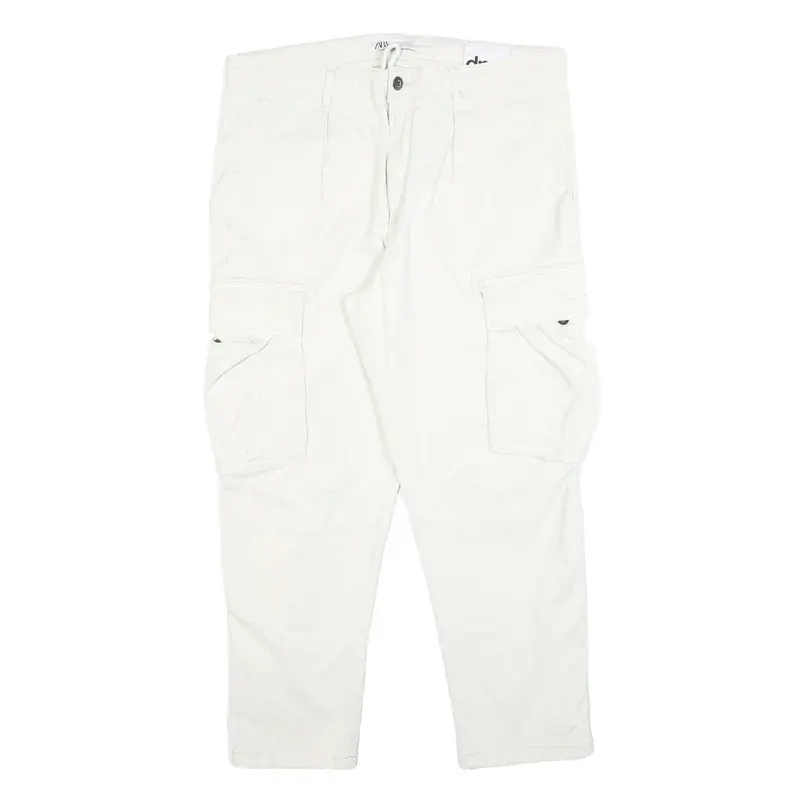 Zara Mens Cotton Blend White Regular Cargo Trousers W36 L28 Zip Pockets 1