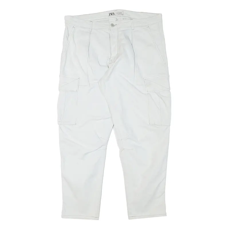 Zara Mens Cotton Blend White Relaxed Cargo Trousers W37 L28 Casual Utility Zip 1
