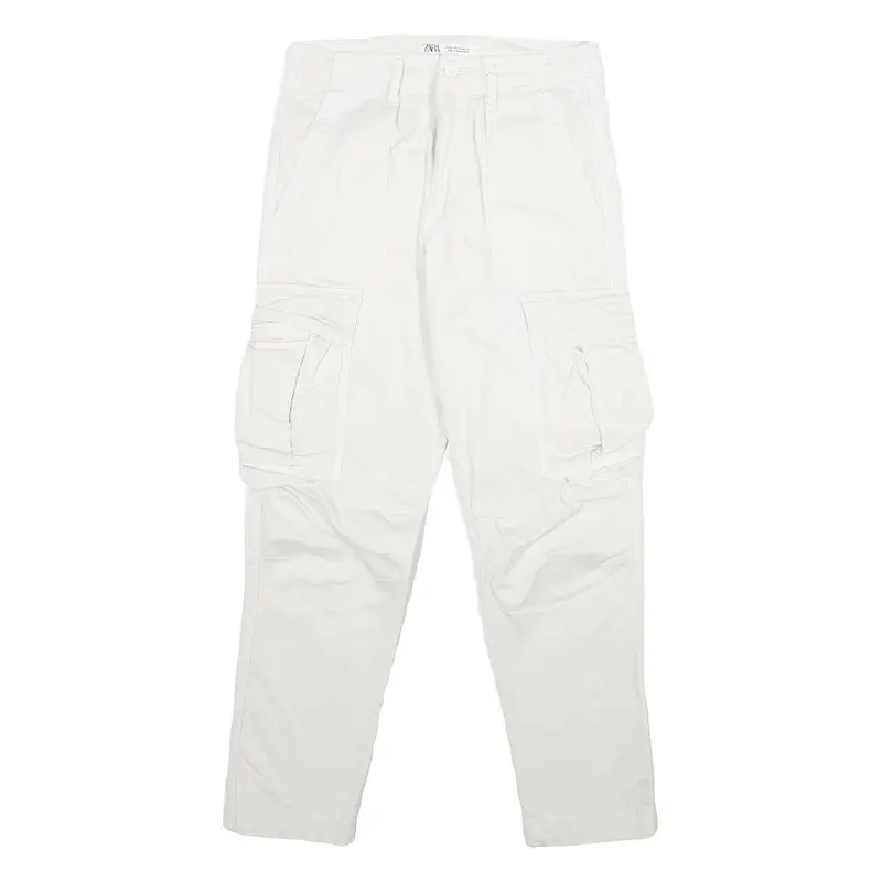 Zara Mens White Cotton Blend Regular Cargo Trousers W30 L30 Utility Pockets Zip 1