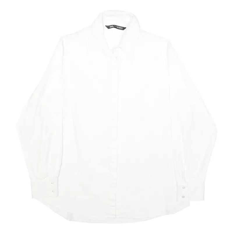 Zara Mens White Plain Shirt M Cotton Blend Classic Button Collar Long Sleeve 1