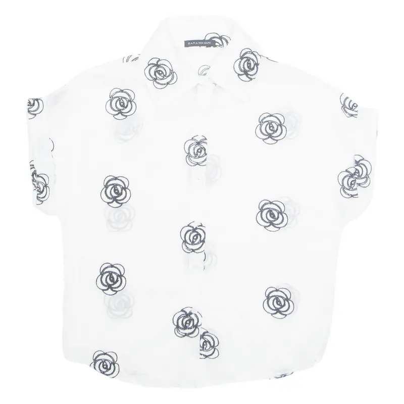 Zara Sheer Embroidered Womens Shirt White Collared Floral S 1