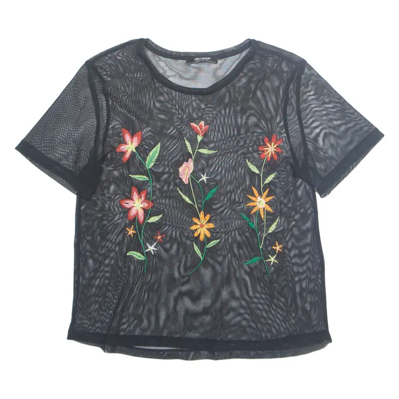 Zara Sheer Embroidered Womens Top Black Floral S 1