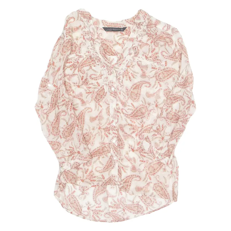 Zara Sheer Womens Printed Blouse Red V-Neck 3/4 Sleeve Paisley S 1