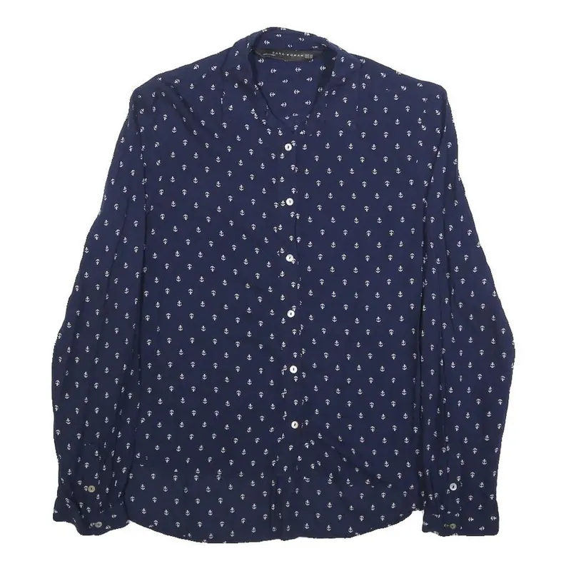 Zara Woman Womens Blue Anchor Print Shirt Long Sleeve Button Neck Xs Casual 1