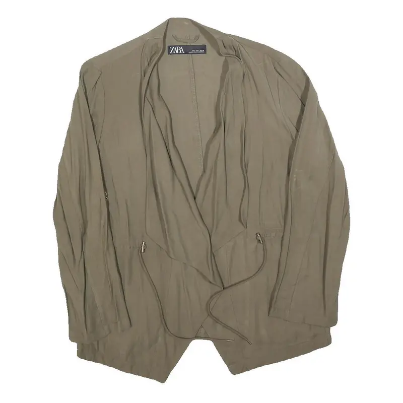 Zara Womens Beige Cotton Blend Casual Jacket L Drawstring Open Front Relaxed 1