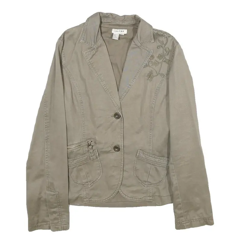 Zara Womens Beige Cotton Jacket L Button Plain Floral Embroidered Detail 1