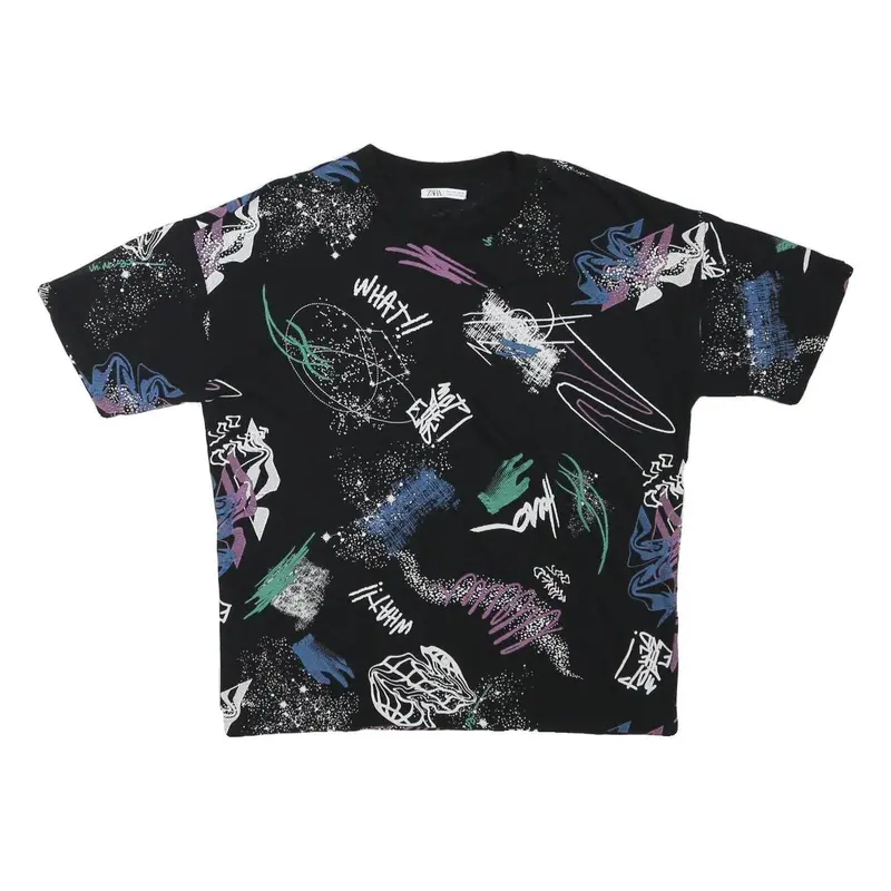 Zara Womens Black Graphic T-Shirt L Short Sleeve Crew Neck Abstract Print 1
