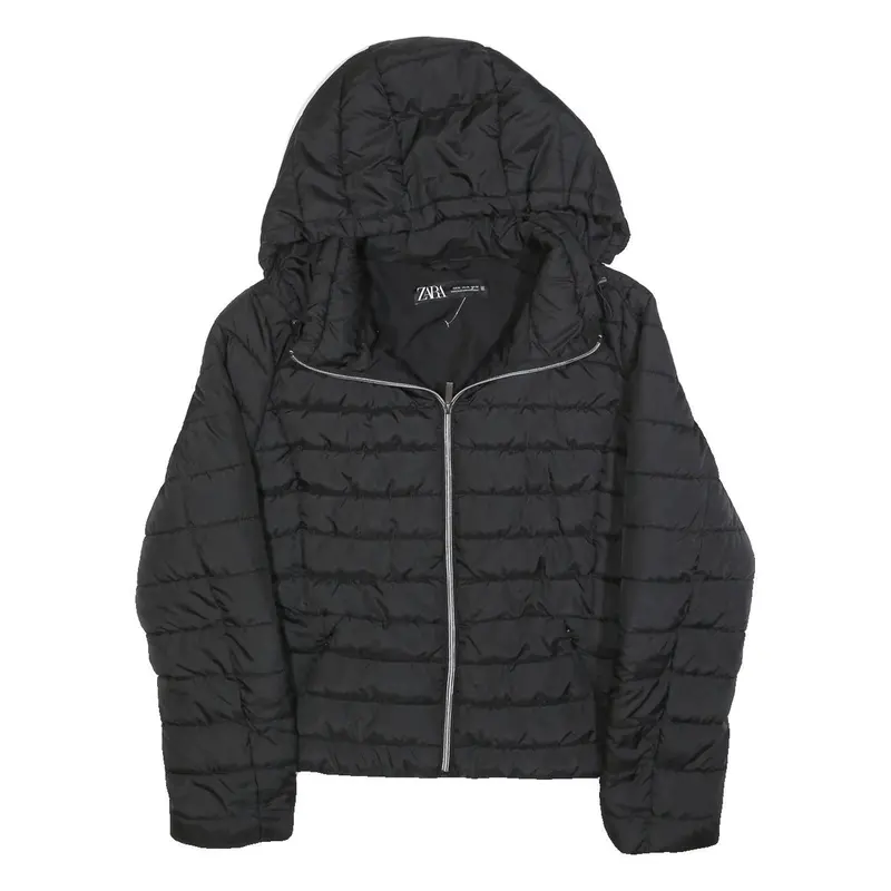 Zara Womens Black Quilted Jacket Xl Polyester Blend Hooded Zip Casual Outerwear 1