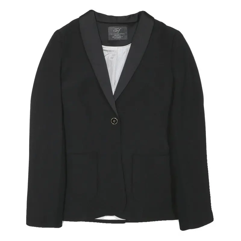Zara Womens Black Tailored Jacket S Polyester Blend Button Closure Plain Elegant 1