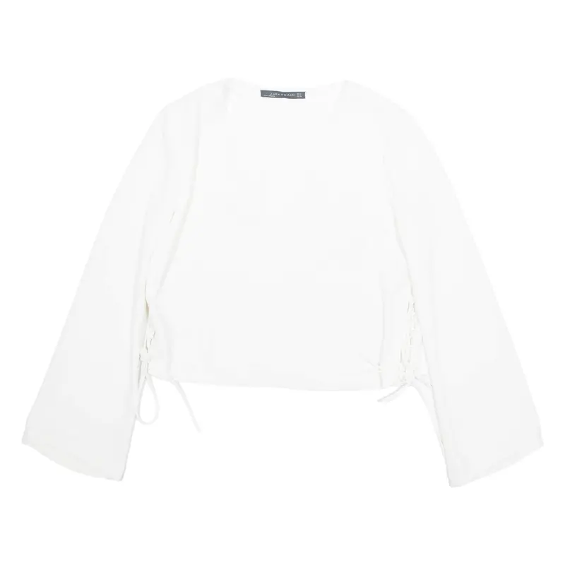 Zara Womens Cropped Blouse White V-Neck Long Sleeve M 1