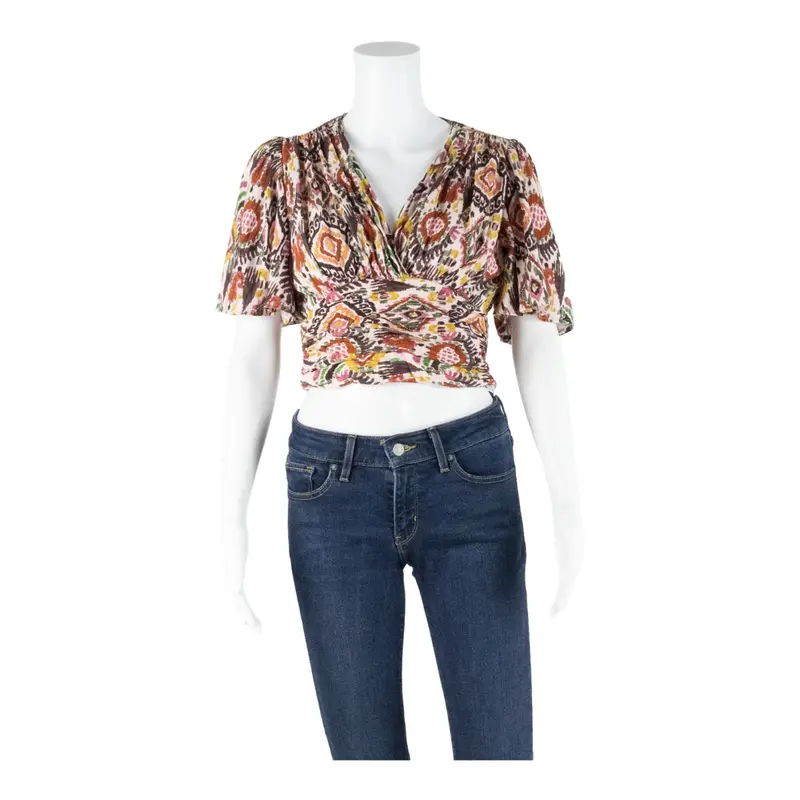 Zara Womens Cropped Top Pink V-Neck Linen Crazy Pattern S 1