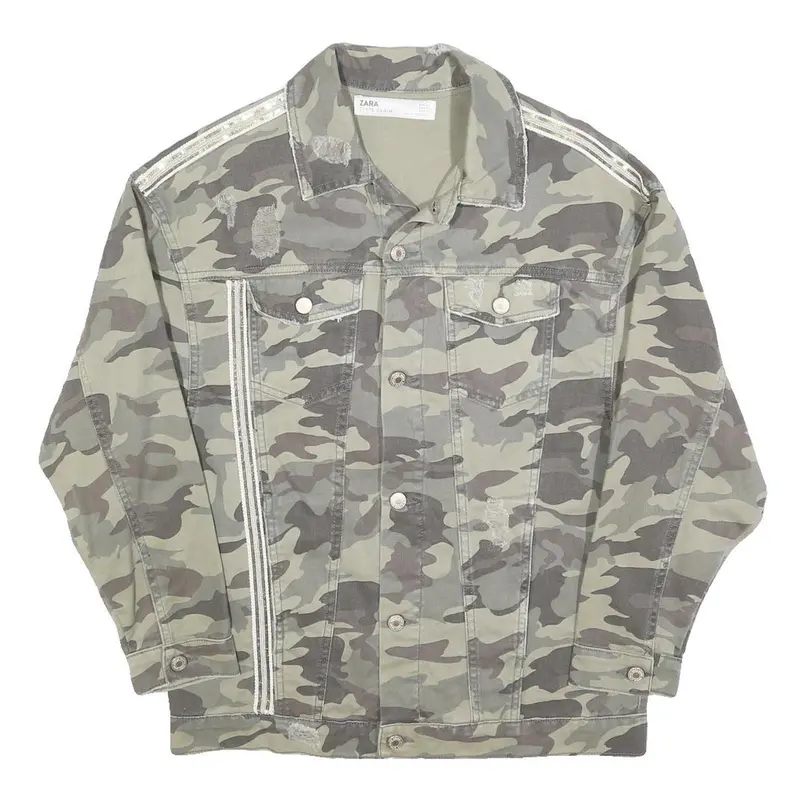 Zara Womens Green Camouflage Cotton Button Jacket S Distressed Denim Casual 1