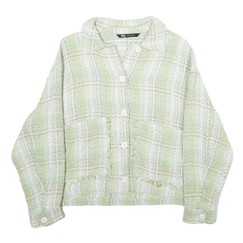 Zara Womens Green & White Button Jacket M Cotton Blend Check Pattern Stylish 1