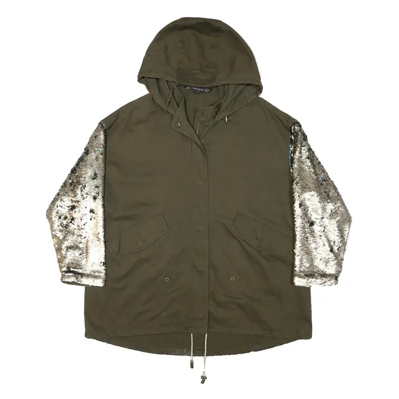 Zara Womens Khaki & Silver Sequin Sleeve Hoodie Jacket Xs Cotton Woven Zip 1