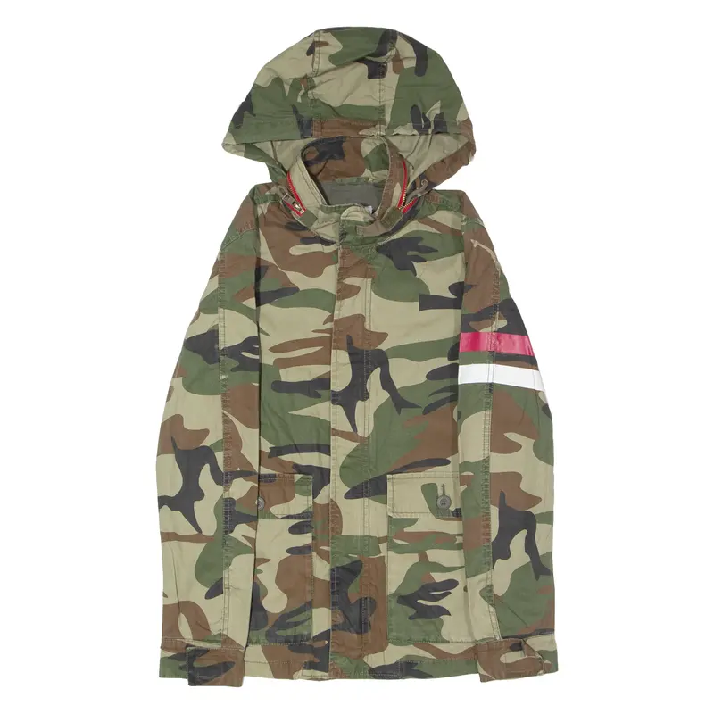 Zara Womens Military Jacket Green Canvas Hooded Camouflage S 1