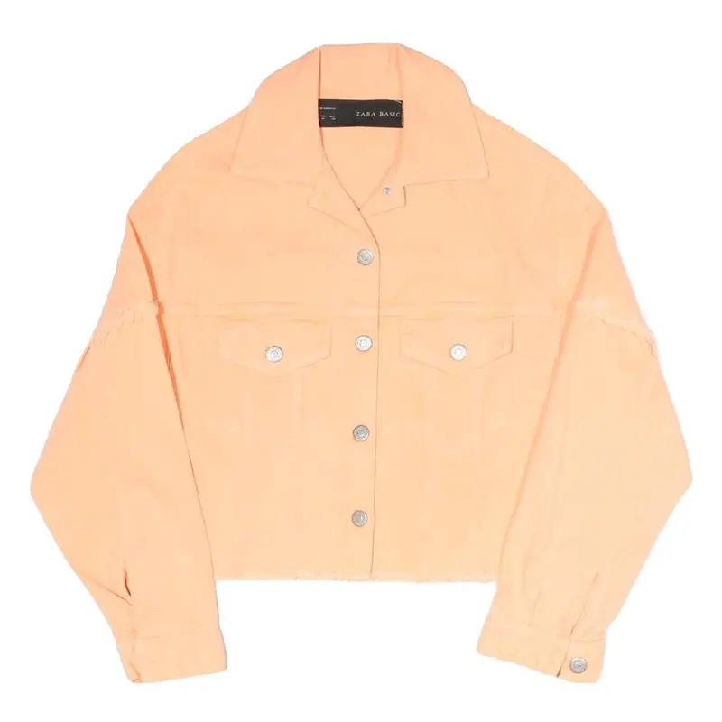 Zara Womens Peach Button Jacket M Cotton Blend Cropped Frayed Hem Casual 1
