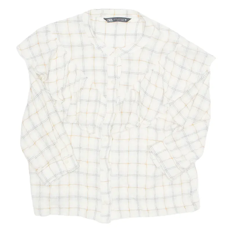 Zara Womens Printed Blouse Beige Long Sleeve Check Xs 1
