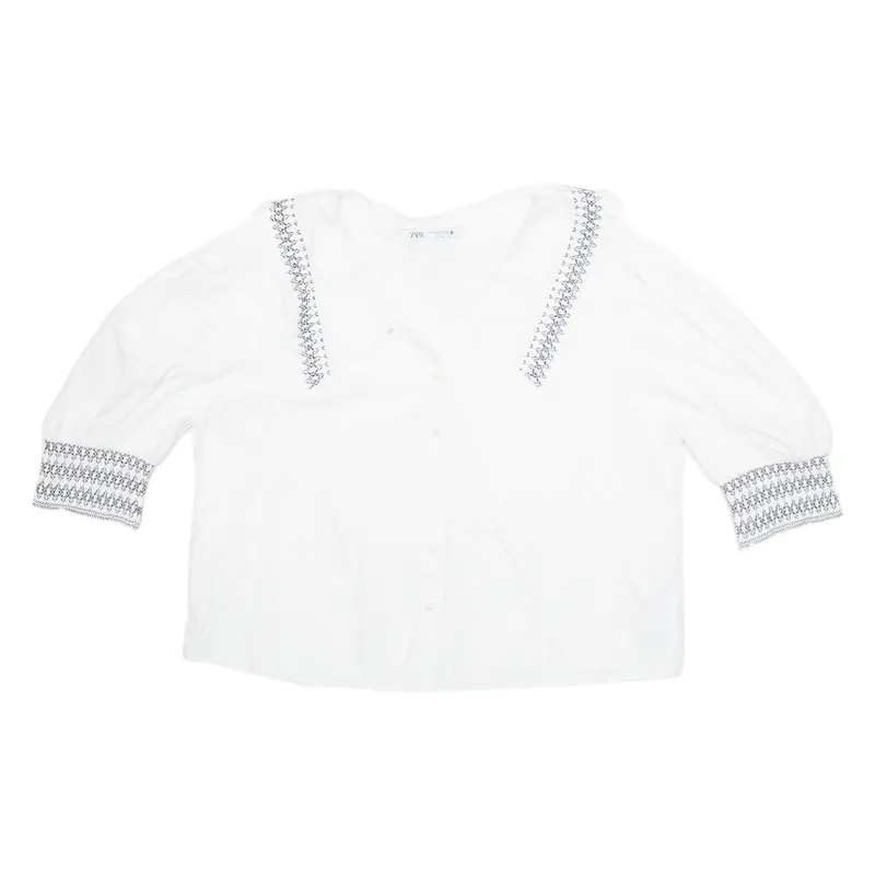 Zara Womens Printed Blouse White Collared 3/4 Sleeve M 1