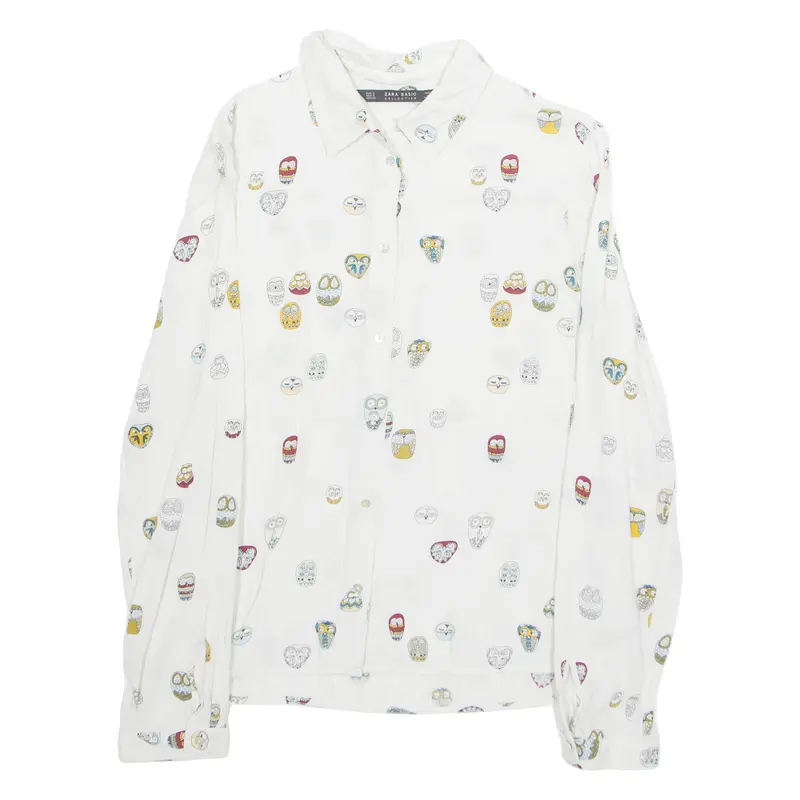 Zara Womens Printed Shirt White Collared Long Sleeve Crazy Pattern S 1