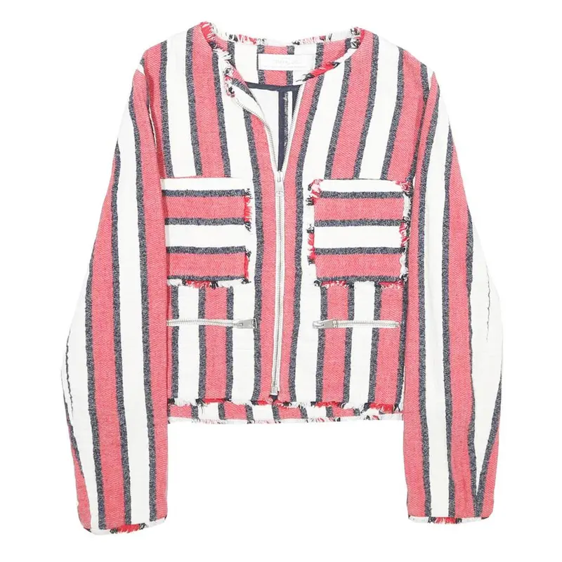 Zara Womens Red & White Striped Zip Jacket S Woven Long Sleeve Casual 1