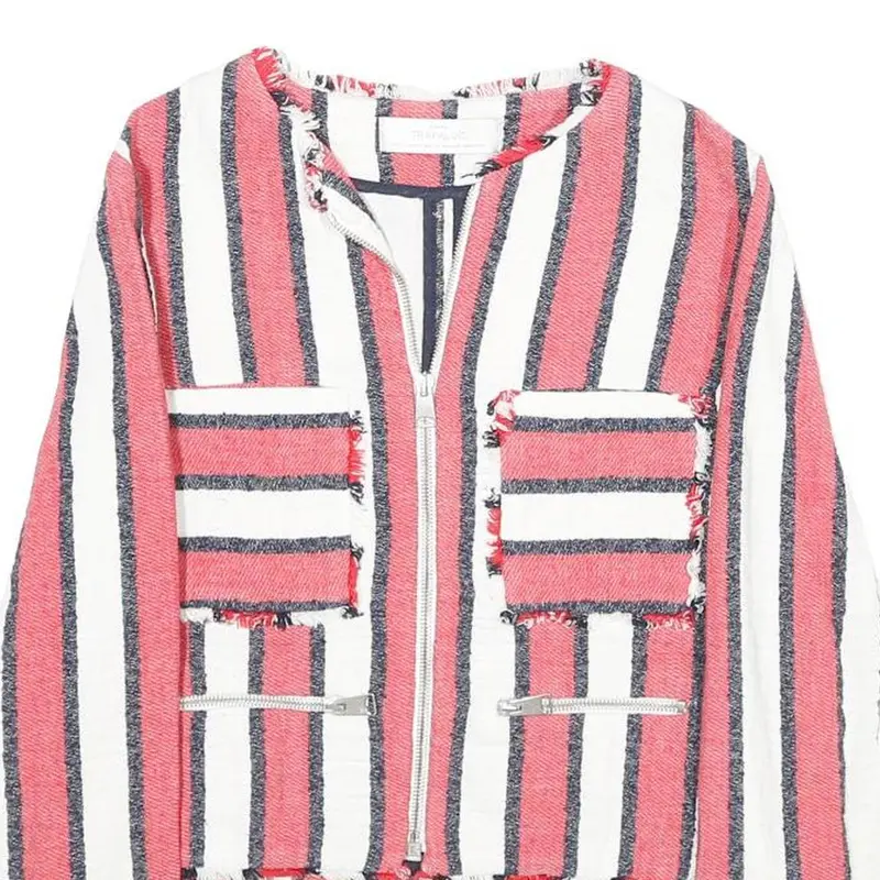 Zara Womens Red & White Striped Zip Jacket S Woven Long Sleeve Casual 2