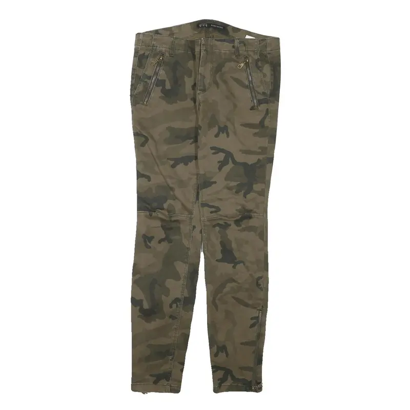 Zara Womens Slim Fit Camouflage Cotton Blend Trousers W30 L28 Zipper Detail 1