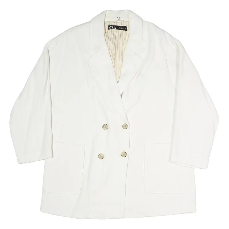 Zara Womens White Double Breasted Jacket L Cotton Blend Classic Button Closure 1