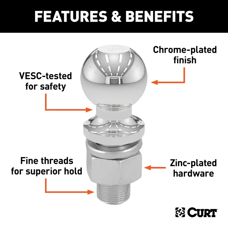 Curt 40078 Heavy-Duty Trailer Ball — 2-5/16 Inch Diameter, 15,000 Lb Capacity, Chrome-Plated Steel 1