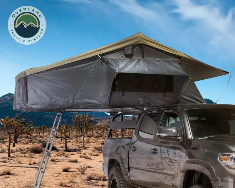 Overland Vehicle Systems 18039936 Nomadic 3-Person Extended Roof Top Tent – Dark Gray Base With Green Rain Fly 1