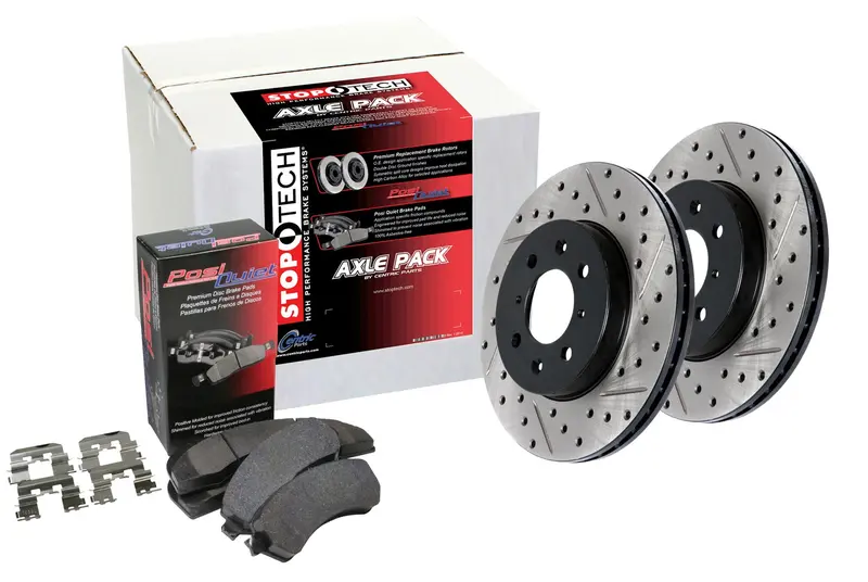 Stoptech 938.66013 Street Performance Brake Kit – Drilled & Slotted Front Rotors And Pads 1