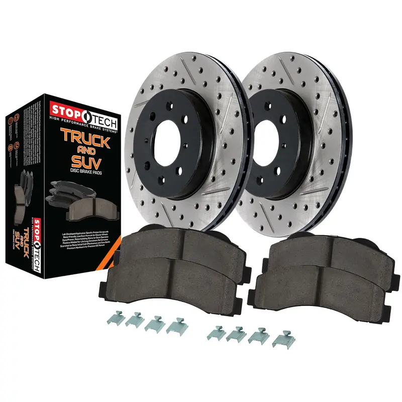 Stoptech 971.39002 Truck Axle Brake Kit – Slotted & Drilled Front Rotors With Premium Pads 1