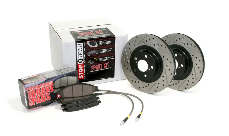 Stoptech 978.34005F Sport Brake Kit – Slotted & Drilled Front Rotors With Stainless Brake Lines 1